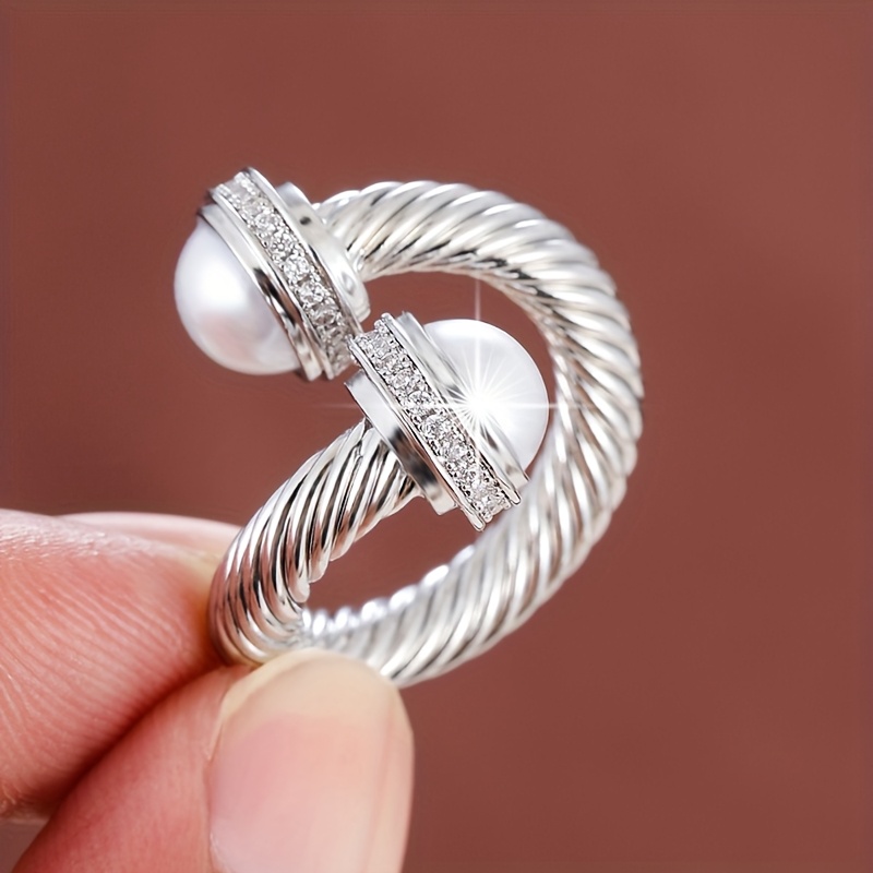 Adjustable Open Ring for Women Geometric Zirconia Platinum Plated Copper
